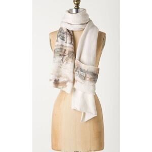 Anthropologie Hani Min Hand Painted Merino Wool Scarf Winter Visit Village Scene